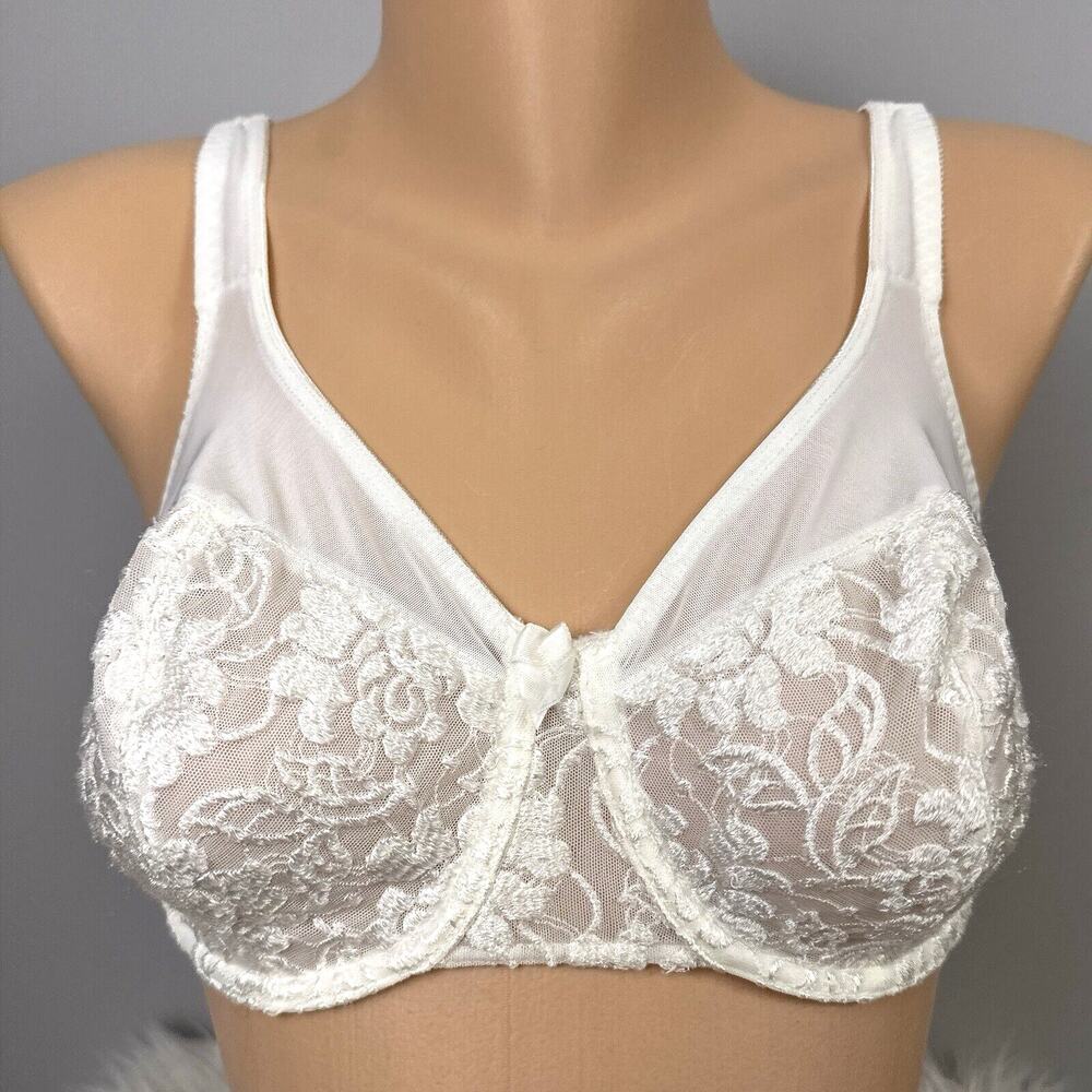Vintage Olga 34D Sheer Embroidered Lace Bra White Underwire Full Coverage